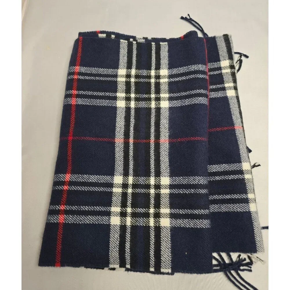 Classic Navy Blue Plaid Tartan Scarf w Fringe wool blend no tag warm ski winter
